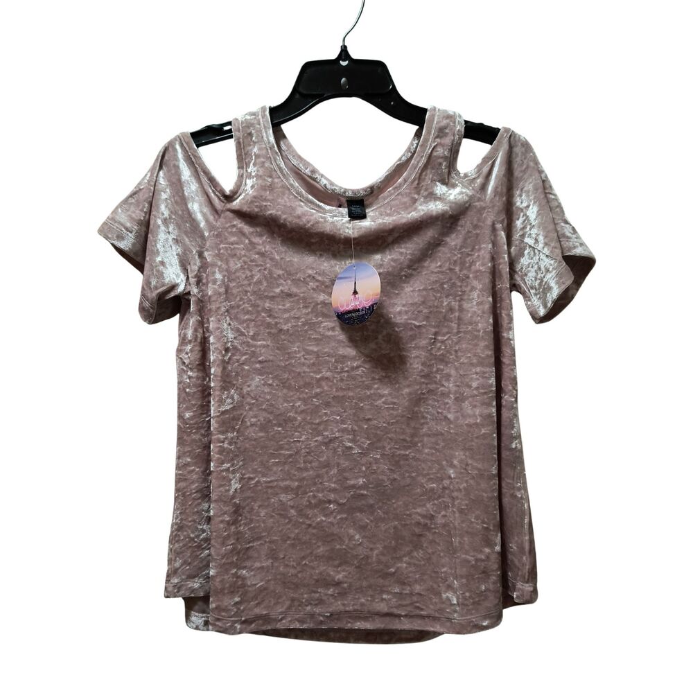 Love by Design Crushed Velvet Cold Shoulder Top Women Large Pink Ice Stretch NWT